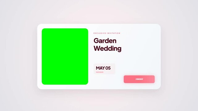 Garden Wedding Digital Invitation Card Mockup with Green Screen Frame and Pink Join Event Button on White Background
