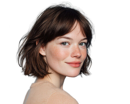 Portrait d'une jeune femme souriante aux cheveux bruns coup&eacute;s en carr&eacute; avec une frange, isol&eacute;e sur un fond blanc pour un look naturel.