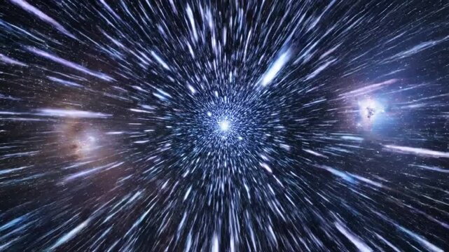 Cosmic Velocity: A breathtaking view of interstellar travel through a hyperdrive effect. Showcasing the awe-inspiring velocity and exploration in cosmos.