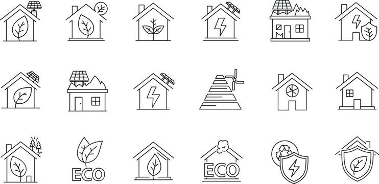 Eco friendly homes and renewable energy line icon set featuring green house solar panels sustainability and environmental protection symbols