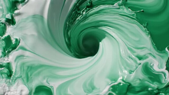 Swirling Emerald Vortex: An abstract, close-up view captures the mesmerizing dance of emerald and pristine colors mixing to create an enthralling vortex. Capturing the dynamic blend of fluid motion.