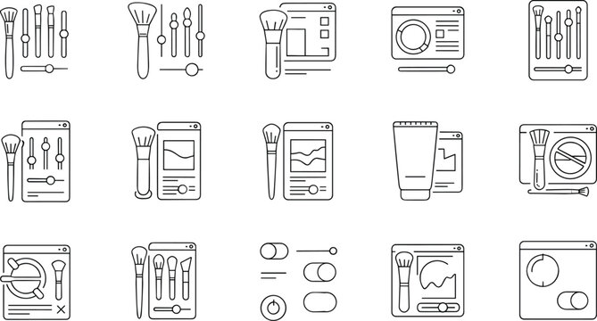 Beauty app interface and cosmetic tools line icon set featuring makeup brushes sliders settings panels and digital UI controls