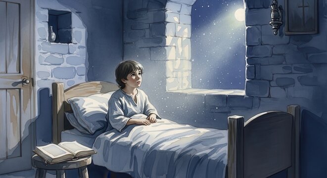 A Young Boy in Prayerful Contemplation, Awaiting Divine Guidance in a Serene Bedroom Setting, Inspired by the Biblical Story of Samuel Hearing God's Voice