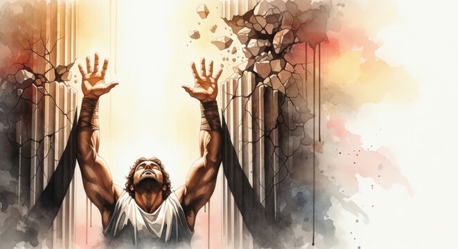 Samson's Final Prayer: A Powerful Depiction of Strength and Sacrifice as He Seeks Redemption Amidst Crumbling Walls and Divine Light