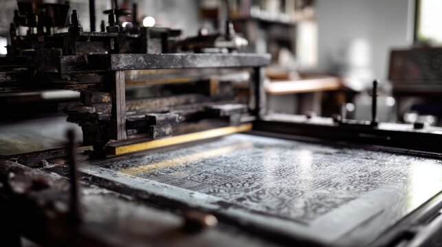 Intimate medium shot of a monoprint press room section highlighting spontaneous ink patterns on a glass plate paper waiting to be pressed background gently diffused.