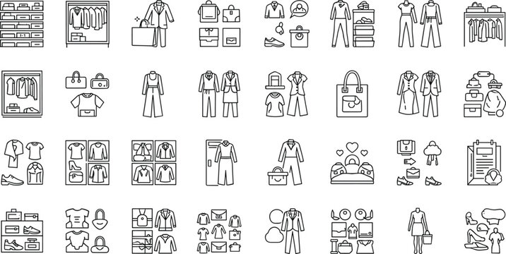 Clothing collection and fashion retail line icon set featuring outfits wardrobe styling shopping bags and apparel display symbols