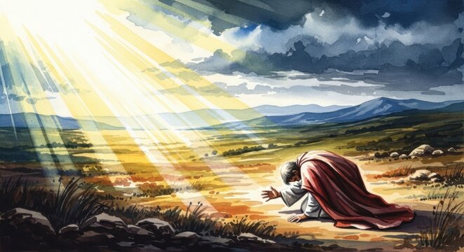 The Moment of Paul's Conversion: A Spiritual Awakening in a Dramatic Landscape with Divine Light Illuminating the Scene