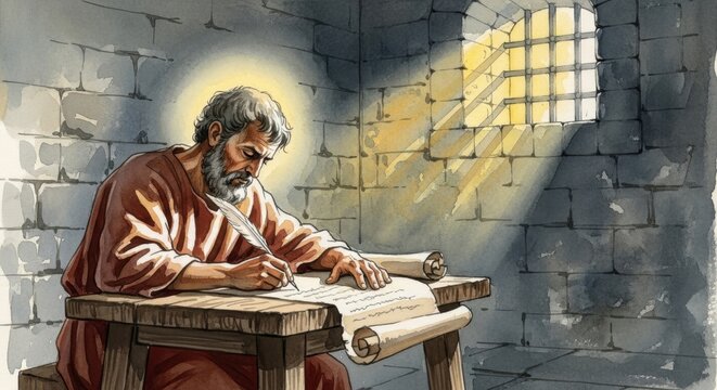 Paul in Solitude: The Act of Writing Letters in a Dimly Lit Cell, Capturing Reflection and Inspiration Amidst Adversity