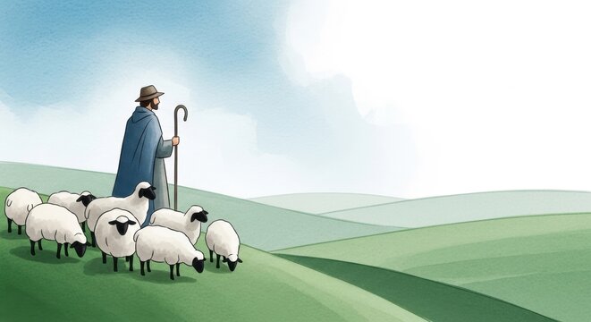 A Shepherd Guiding His Flock: The Parable of the Good Shepherd Emphasizing Care, Leadership, and Compassion in a Serene Pastoral Landscape