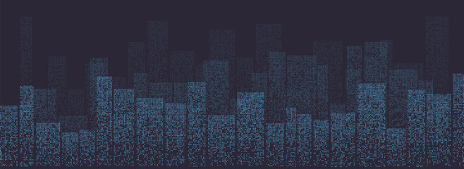 Abstract city skyline featuring pixelated blue buildings, evoking a digital cityscape theme. © Oleksii Bezrodnii