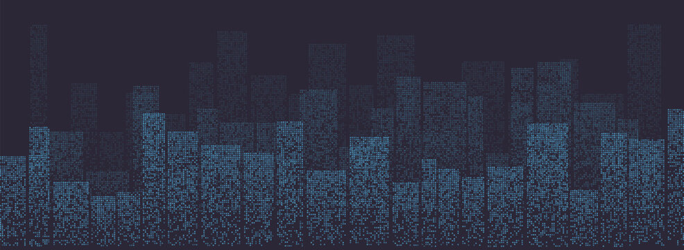 Abstract city skyline featuring pixelated blue buildings, evoking a digital cityscape theme.