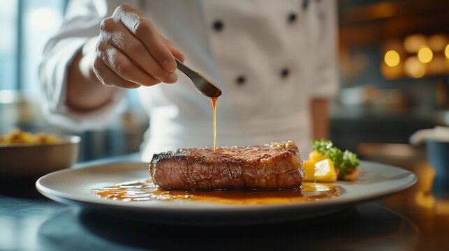 Chef preparing steak with sauce.