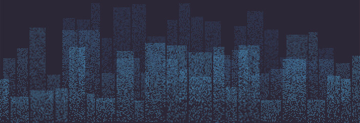 Abstract depiction of a digital cityscape featuring geometric lines forming high-rise buildings. © Oleksii Bezrodnii