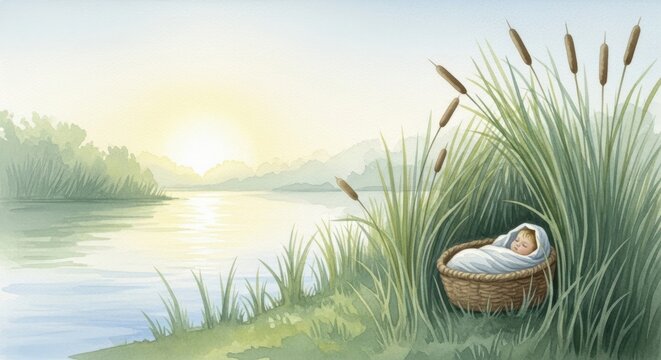 The Hidden Child: A Serene Scene of a Baby Moses in a Basket by the Riverbank, Surrounded by Lush Reeds Under the Gentle Glow of Sunrise