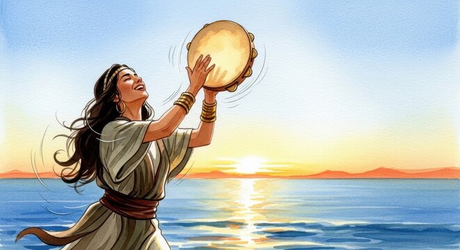 Miriam Singing Joyfully by the Seaside at Sunset, Celebrating Life and Nature with a Drum in Hand