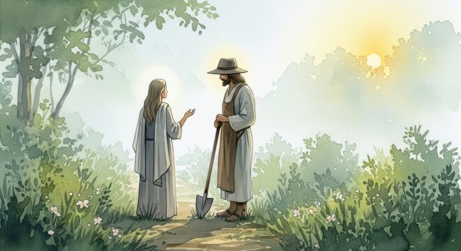 Mary Magdalene Engaging in a Profound Conversation with a Figure in a Serene, Lush Landscape at Dawn, Symbolizing Spiritual Awakening and Connection