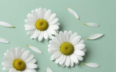 Fototapeta premium White daisies with yellow centers on soft green background petals