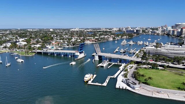 Boats passing through the Las Olas Blvd drawbridge at Fort Lauderdale Beach in Broward County, Florida. 