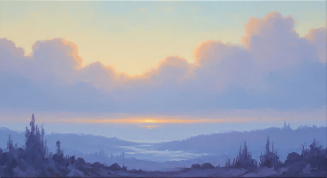 Serene Landscape at Dawn with Jesus Walking Slowly Towards the Horizon, Emphasizing Peace and Reflection in Nature's Beauty