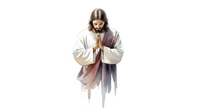 Jesus standing in a prayerful pose, embodying peace and spirituality, with a serene expression, symbolizing faith, devotion, and divine connection.