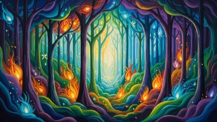 Obraz premium Enchanted Forest Fantasy: Step into a mesmerizing realm where vibrant hues and ethereal lights dance among mystical trees, evoking a sense of wonder and magical beauty.