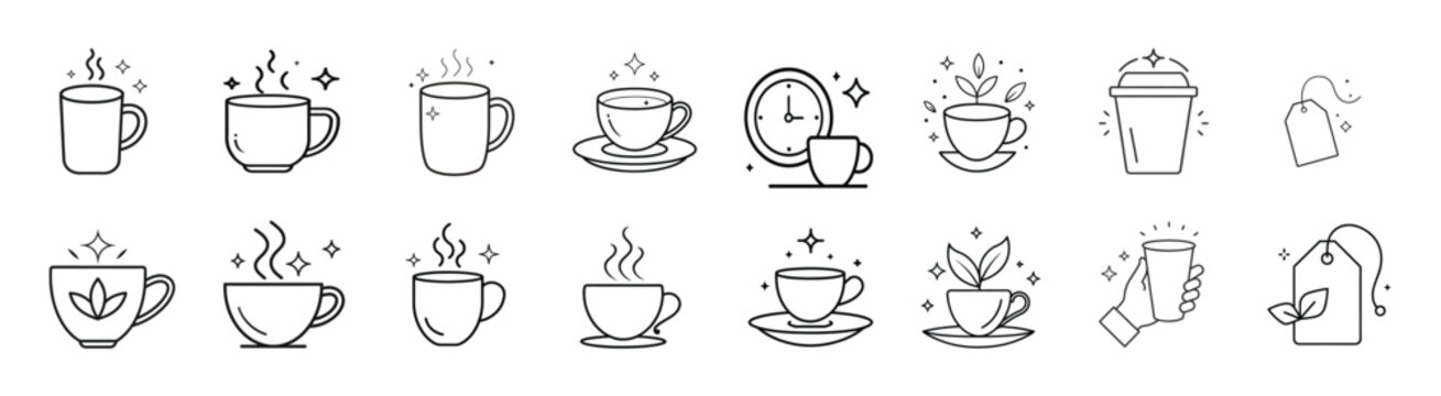 Tea and coffee cup line icons set featuring steaming mug herbal tea cup take away coffee tea bag and tea time clock and more vector illustration with editable stroke.