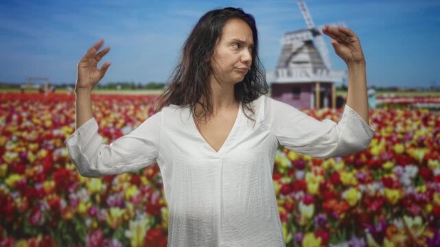Woman raising both hands with an expressive grimace in a studio against a tulip field backdrop with windmill building visible; contemplation.