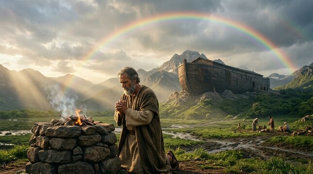 Prophet Noah praying at the altar fire with an ark in the background and a rainbow in the sky, Biblical scene of sacrifice after the great flood, Traditional.