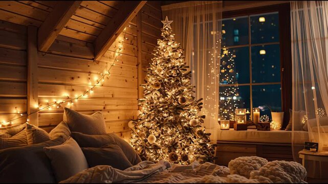 Cozy bedroom interior with a glowing xmass tree and warm string lights creating a festive holiday atmosphere at night