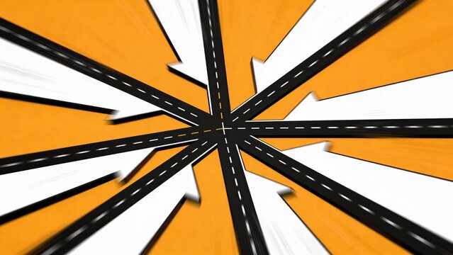 Multiple road path options converging into one clear direction with motion effect on orange background