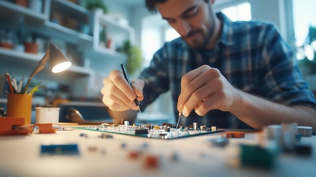 Man working on electronic circuit.