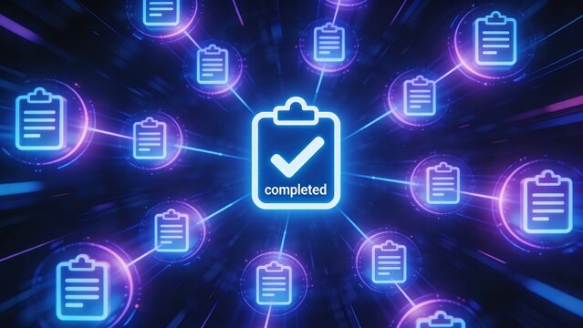 Completed tasks triggering multiple automated workflows with glowing checklist icons on a dark background