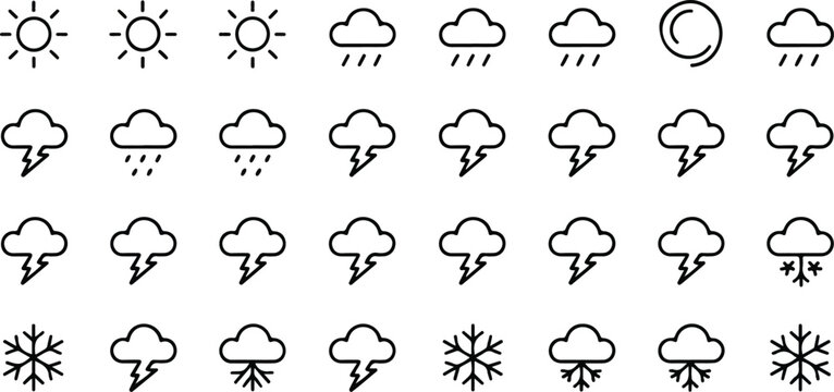 Minimal thin line weather icon set with sun rain cloud and thermometer symbols clean editable stroke vector collection for web and app design