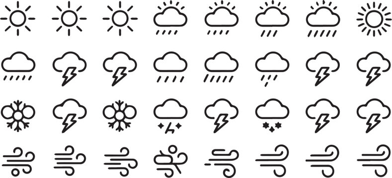 Minimal thin line weather icon set with sun rain cloud and thermometer symbols clean editable stroke vector collection for web and app design
