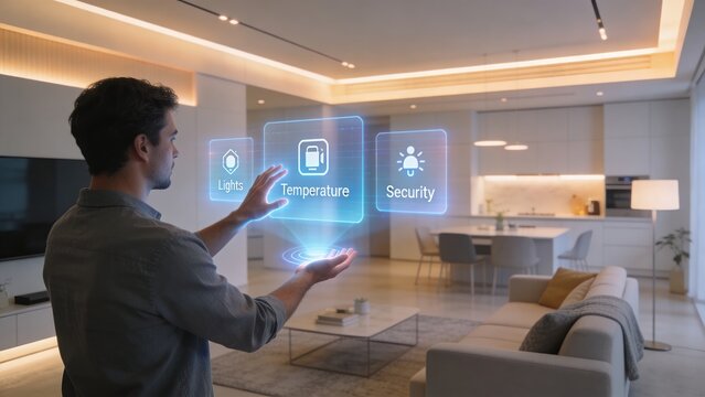 Man controlling smart home environment with virtual interface for lights temperature and security in modern living room