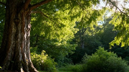 Obraz premium Sunlight filtering through lush green leaves of a large tree in a serene forest setting