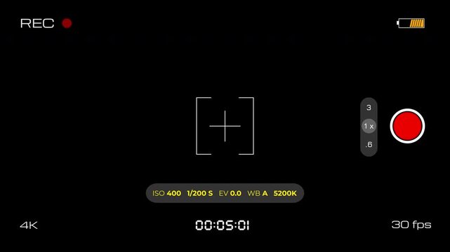 Video camera recorder screen overlay on a transparent background, Recording camera screen interface with alpha channel. 4K video