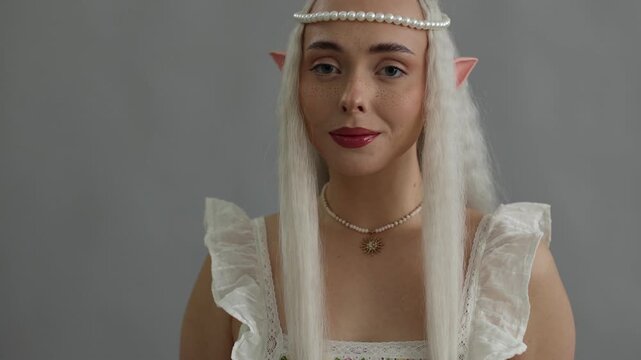 Beautiful girl dressed as elf on grey background, camera moving in