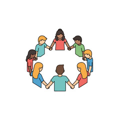 Fototapeta premium Vibrant flat design illustration of a diverse group forming a circle of hands, symbolizing global unity, community, and inclusive collaboration