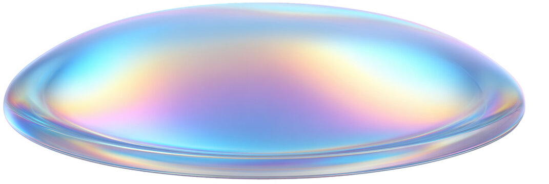 Une gouttelette de liquide iridescent aux reflets holographiques et nacr&eacute;s isol&eacute;e sur un fond blanc pour un design graphique moderne et &eacute;pur&eacute;.