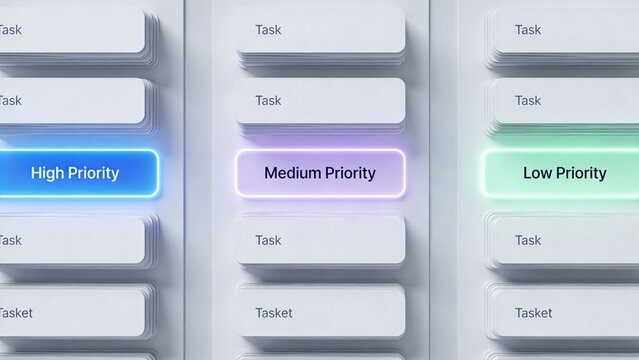 Glowing task priority columns with high medium low labels on white background