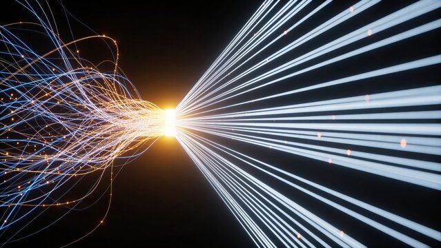 Chaotic tangled data transforming into clean organized system with glowing light and radiant beams