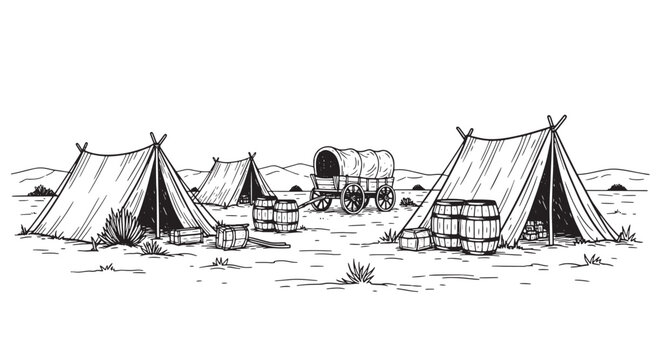 Historical western pioneer camp with tents and covered wagon. Vintage hand drawn frontier settlement scene.