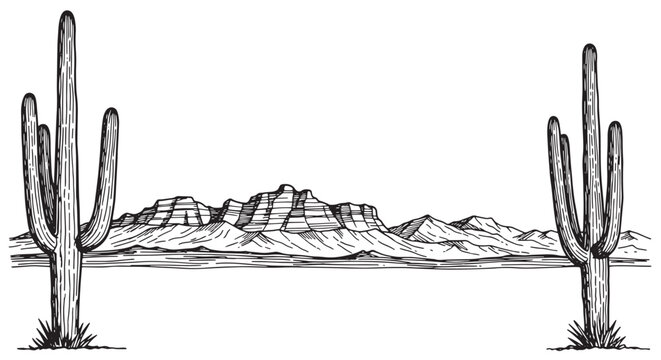 Minimalist desert horizon vector with towering saguaro cacti and distant mountains. Classic hand drawn line art style.