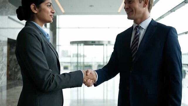 Business Deal Handshake: A professional business deal is sealed with a firm handshake, a symbol of trust and partnership. The scene captures the essence of collaboration and agreement.