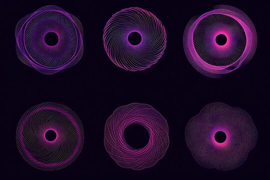 A mesmerizing digital artwork featuring six glowing purple circles on a black background