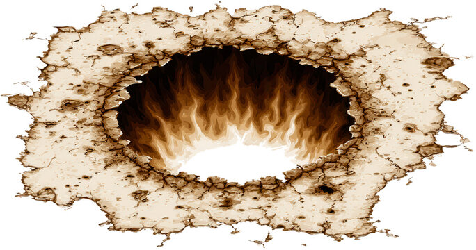 Illustration d'un trou b&eacute;ant dans une surface craquel&eacute;e r&eacute;v&eacute;lant des flammes ardentes et un enfer int&eacute;rieur sur fond blanc isol&eacute;.