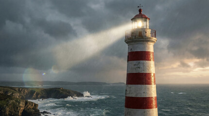 Obraz premium Iconic red and white striped lighthouse emitting a powerful beam of light across the stormy sea