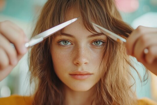 Woman styling her hair with scissors.