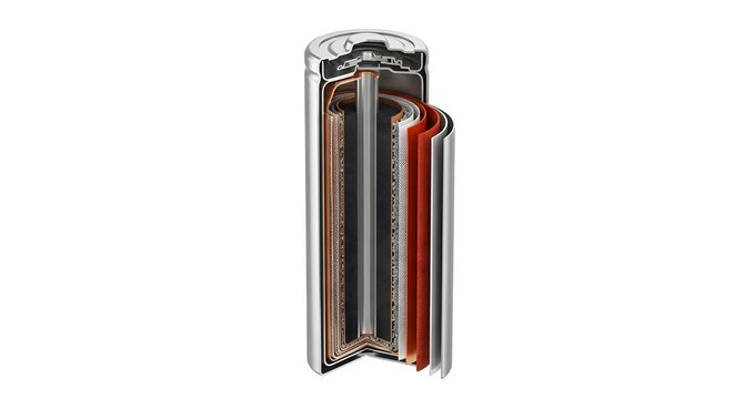 Detailed 3D Cross-Section Render of a Cylindrical Battery Internal Structure Isolated on White